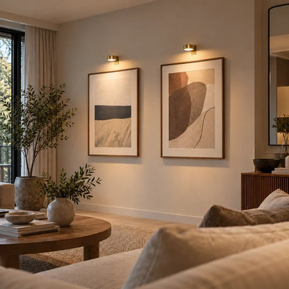 Gold cordless picture light over framed prints in a living room