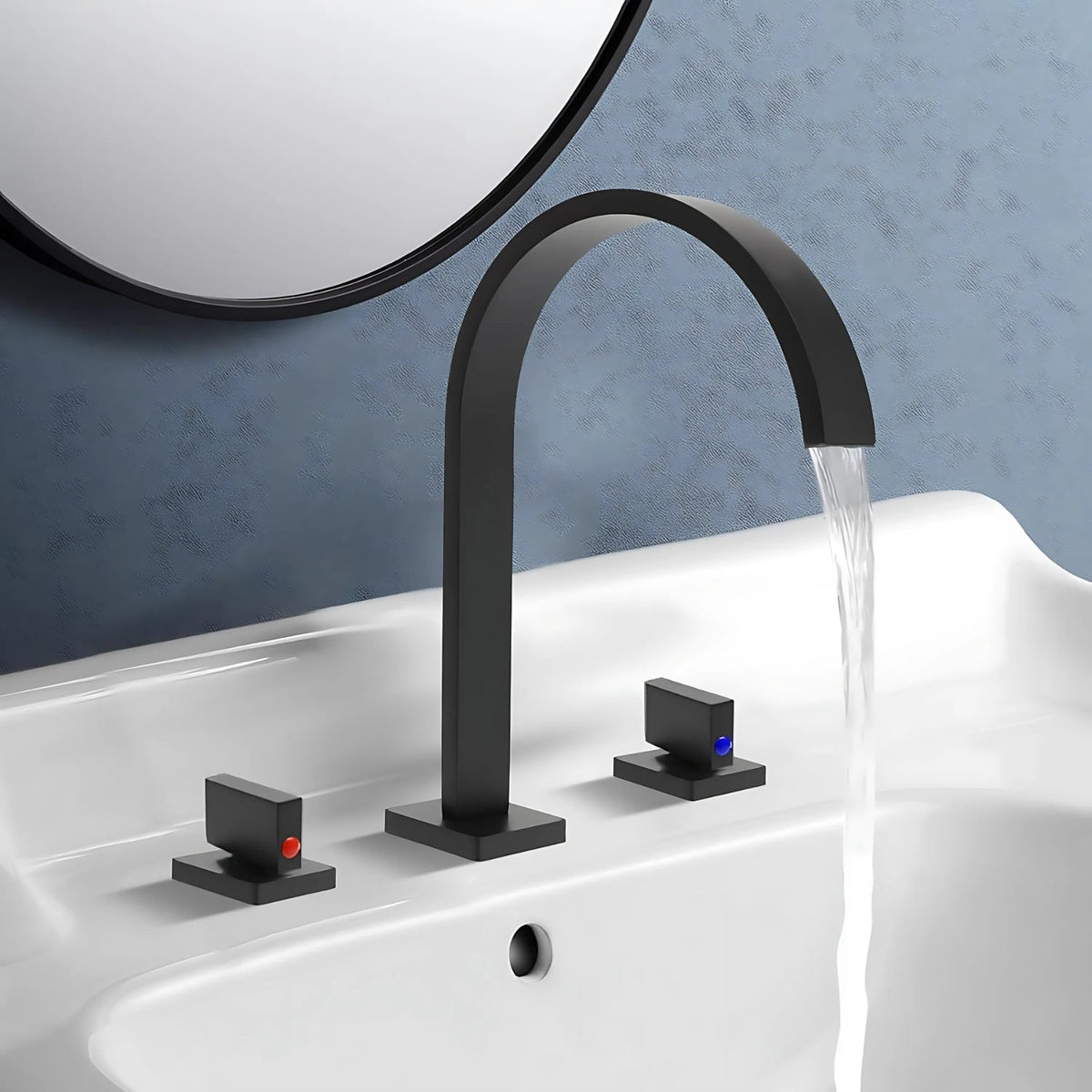 Squareline Bathroom Faucet in bathroom vanity setting — 3-Hole Double-Handle | Casa Norex