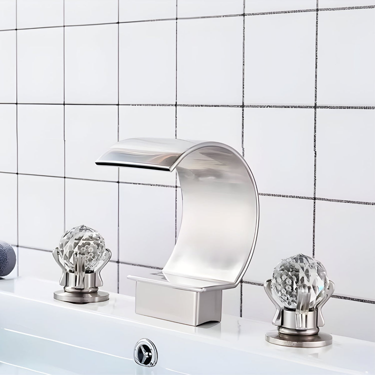 Crestfall Waterfall Bathroom Faucet handle detail — Brushed Nickel finish — Casa Norex