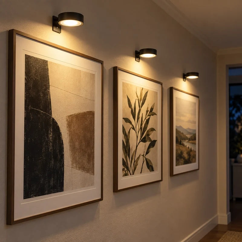 Curator cordless picture light row lighting three framed artworks on a wall