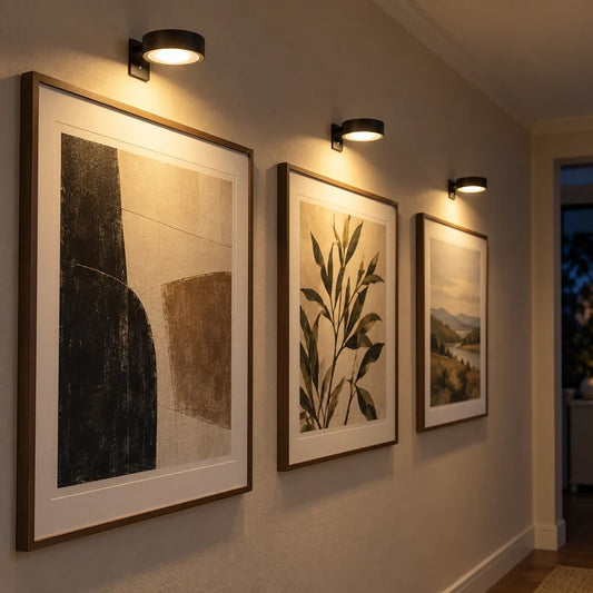 Curator cordless picture light row lighting three framed artworks on a wall