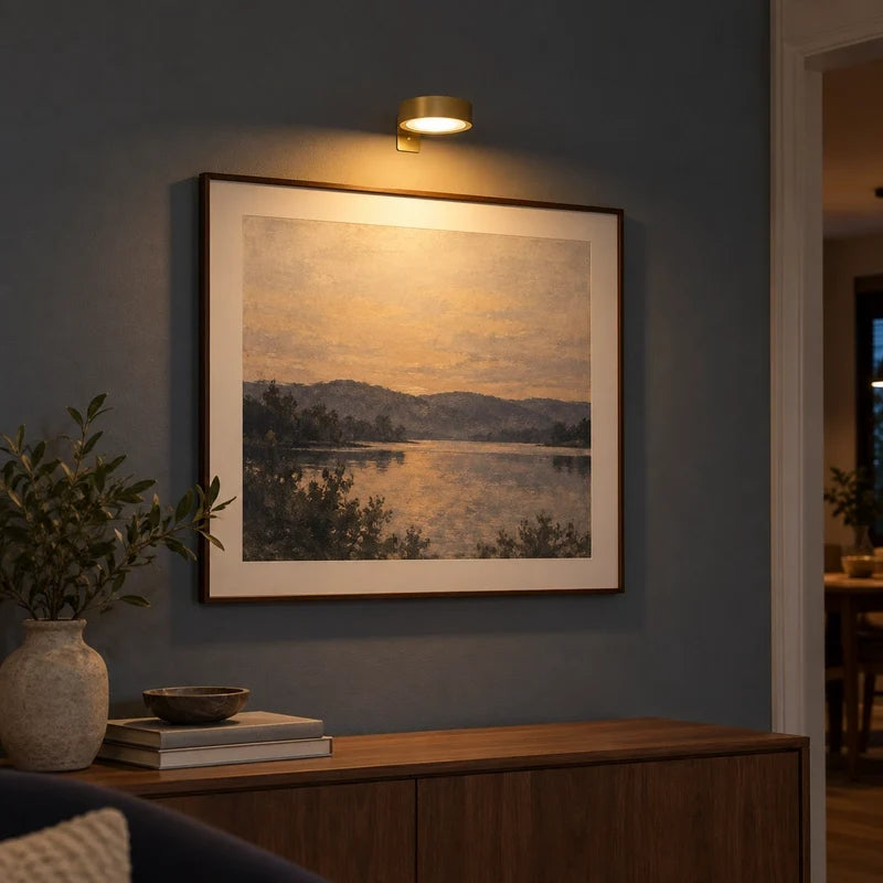 Dimmable picture light over a framed landscape painting on a blue wall