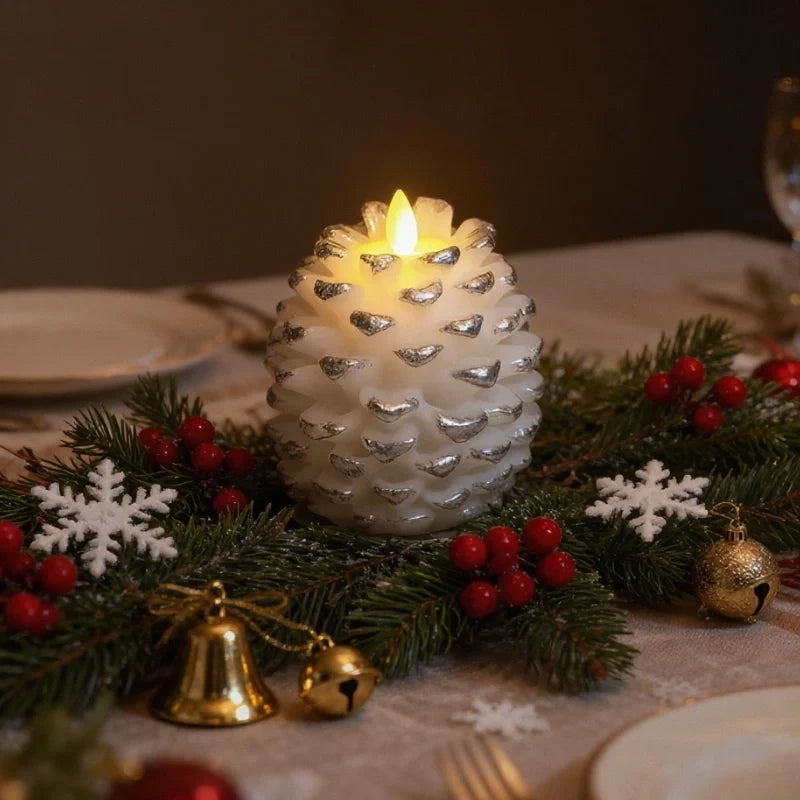 Silver-tipped white pinecone candle with a warm LED flame on a table with Christmas garland | Casa Norex