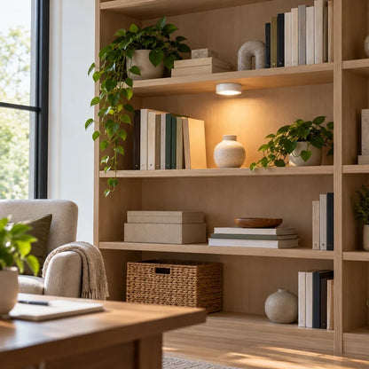 Rechargeable wall light above a bookshelf display in a reading nook