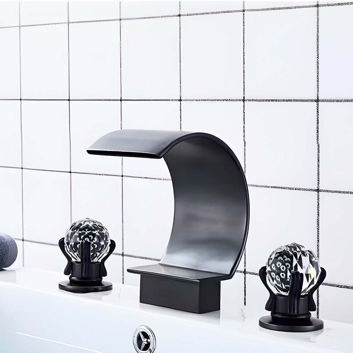 Crestfall Waterfall Bathroom Faucet installed — Brushed Nickel finish angle view | Casa Norex