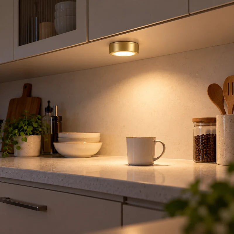 Cordless gold light mounted under a kitchen cabinet over a countertop