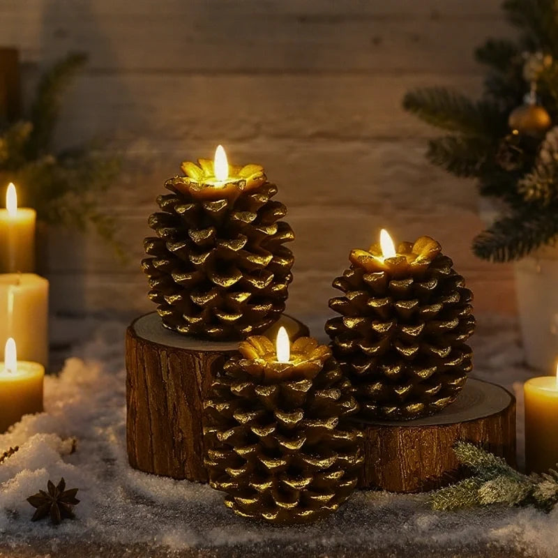 Three golden brown pinecone candles on wooden log stands with greenery and pillar candles — Casa Norex