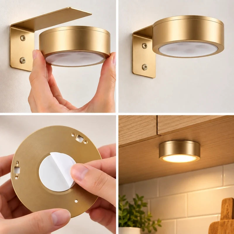 Gold cordless picture light mounting options: screws, adhesive pad and magnetic base