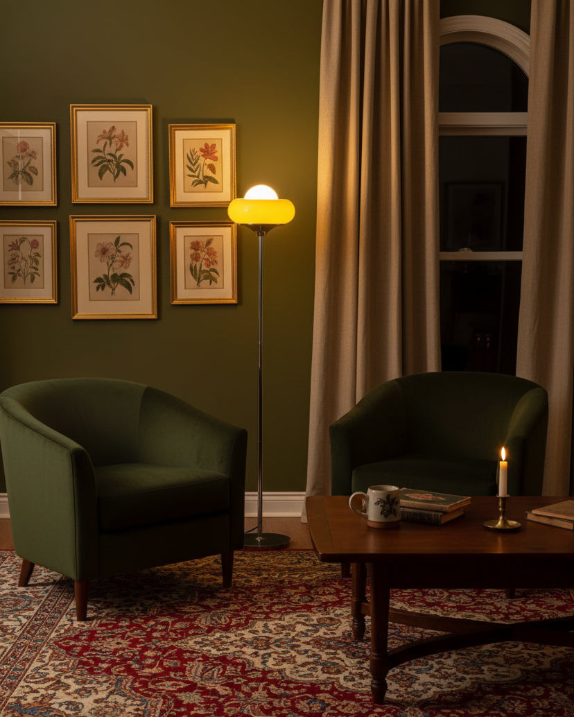 Guzzini floor lamp in corner - warm sculptural presence - Casa Norex