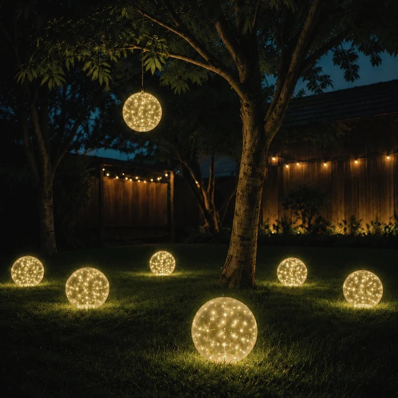 Hanging solar light ball glowing in a tree over a patio at night