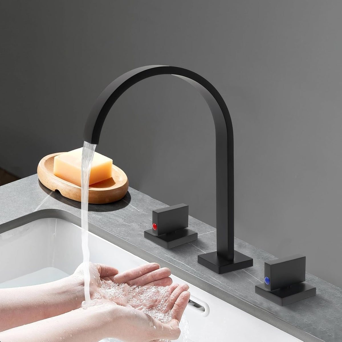 Squareline Bathroom Faucet installed — Black finish angle view | Casa Norex