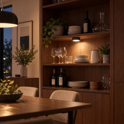 Small cordless light over a dining room cabinet with glassware