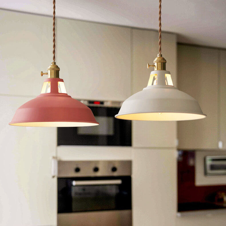 Pink and white barn shade pendant lights over a kitchen counter | Casa Norex