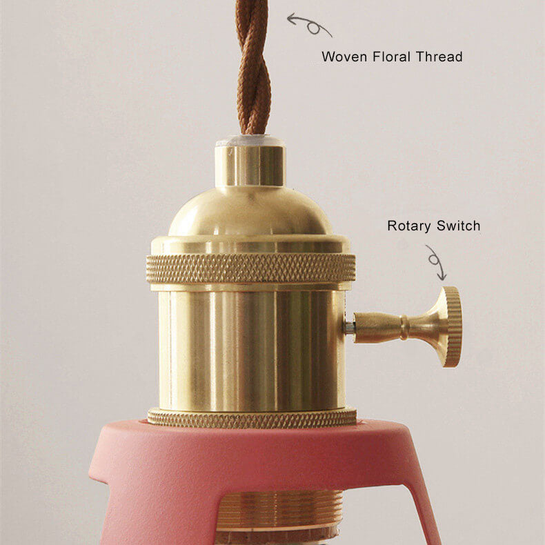 Close-up of brass rotary-switch socket and woven twisted cord on a barn shade pendant — Casa Norex