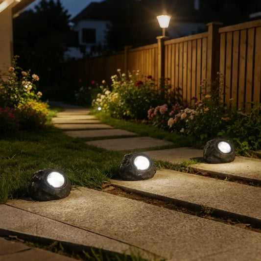 Row of stone-look solar garden lights along a paved path beside a fence