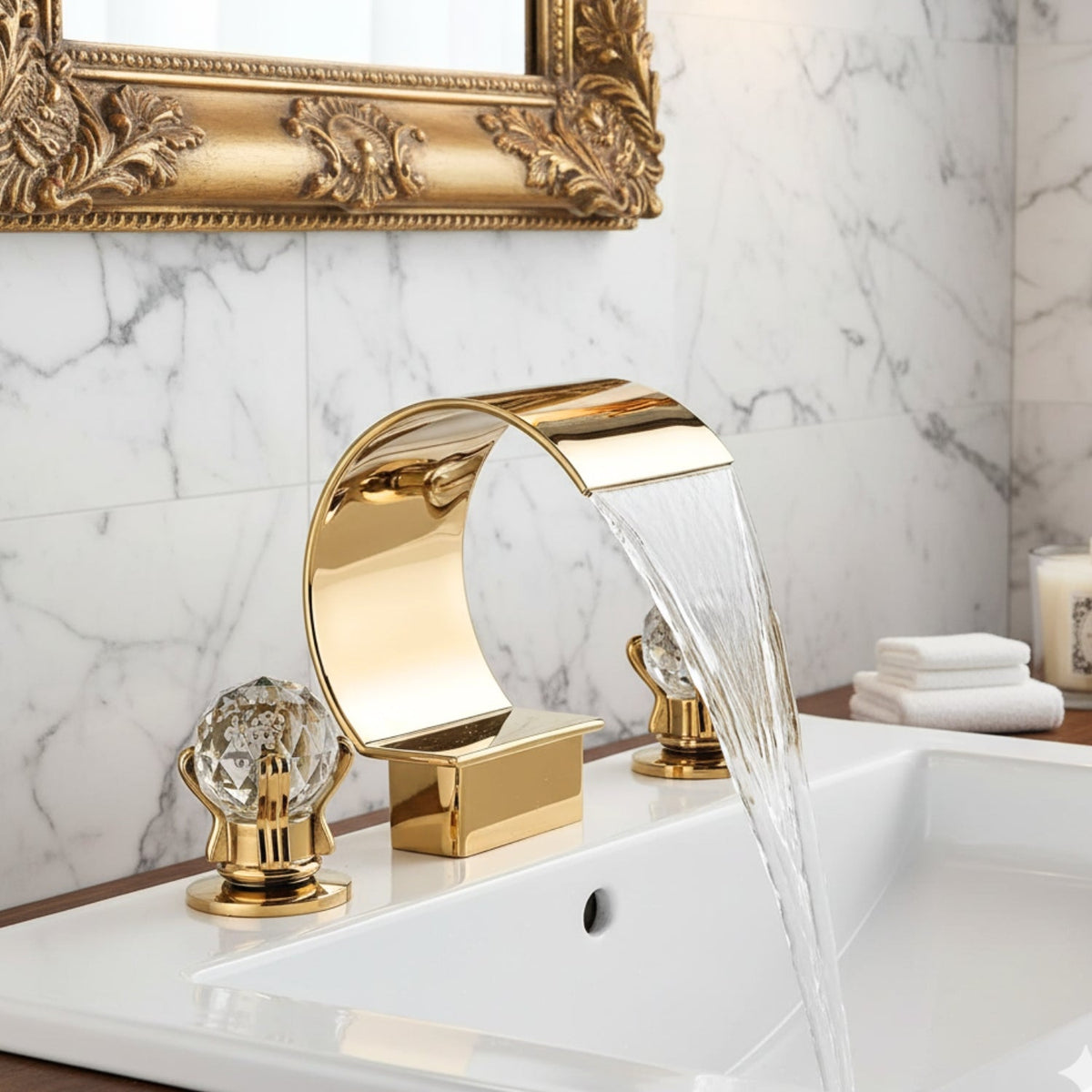 Crestfall Waterfall Bathroom Faucet in bathroom vanity setting — Three-Hole | Casa Norex