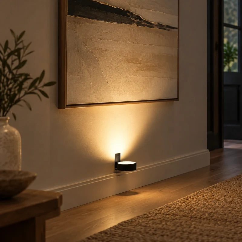 Warm cordless wall light beneath a large framed painting