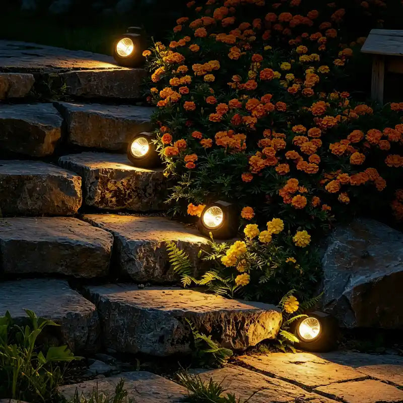 Solar stone lights glowing among orange flowers on garden steps