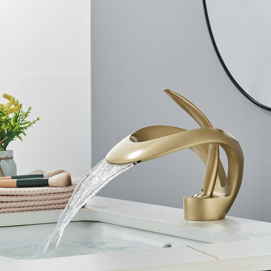 Larkwell Waterfall Bathroom Faucet installed — White finish angle view | Casa Norex
