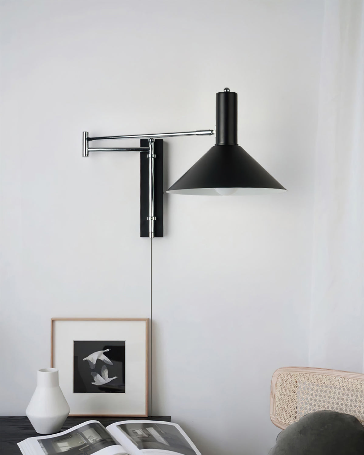 Anvia swing arm lamp installed mid-century living room - Casa Norex
