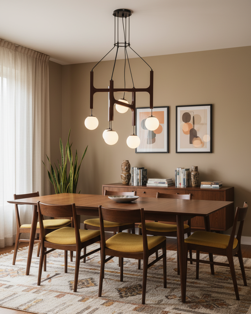 Wood chandelier glass globe glow close-up — Casa Norex