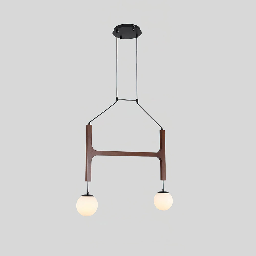 Wood chandelier — walnut wood frame with white glass globe shades | Casa Norex