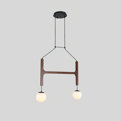 Wood chandelier — walnut wood frame with white glass globe shades | Casa Norex