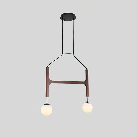Wood chandelier — walnut wood frame with white glass globe shades | Casa Norex