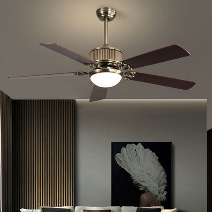 Contemporary Nordic Five Fan Blades Copper Wood Glass LED Downrods Ceiling Fan Light For Living Room