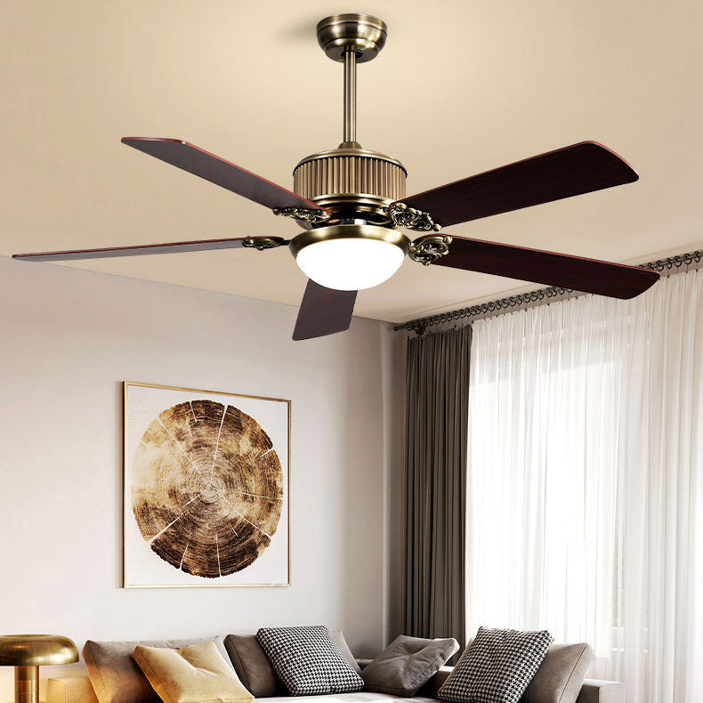 Contemporary Nordic Five Fan Blades Copper Wood Glass LED Downrods Ceiling Fan Light For Living Room