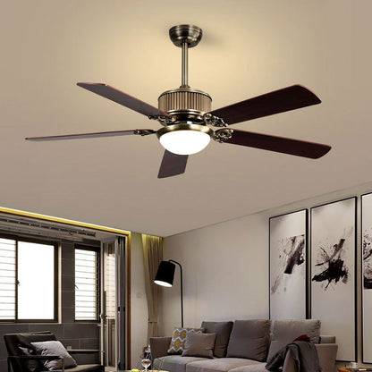 Contemporary Nordic Five Fan Blades Copper Wood Glass LED Downrods Ceiling Fan Light For Living Room