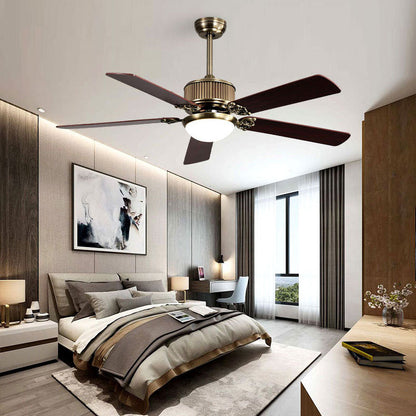 Contemporary Nordic Five Fan Blades Copper Wood Glass LED Downrods Ceiling Fan Light For Living Room