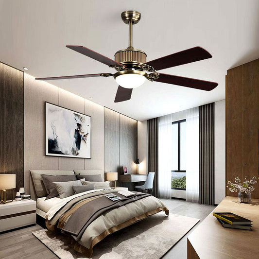 Contemporary Nordic Five Fan Blades Copper Wood Glass LED Downrods Ceiling Fan Light For Living Room