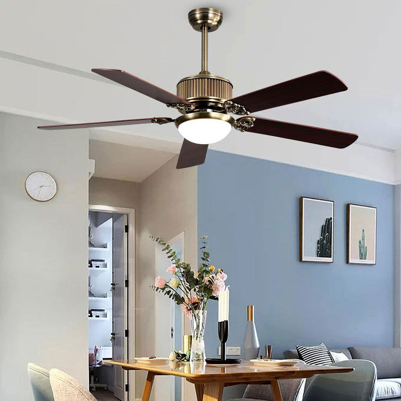 Contemporary Nordic Five Fan Blades Copper Wood Glass LED Downrods Ceiling Fan Light For Living Room
