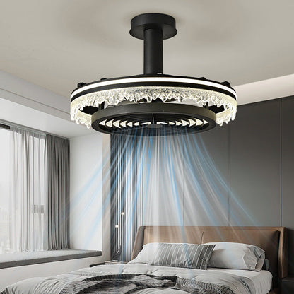Contemporary Nordic Dome Round Iron Acrylic Ice Texture Edge LED Downrods Ceiling Fan Light For Living Room