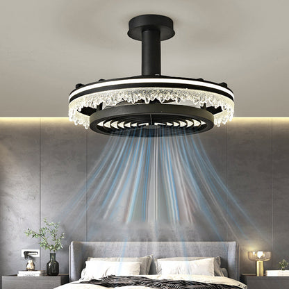Contemporary Nordic Dome Round Iron Acrylic Ice Texture Edge LED Downrods Ceiling Fan Light For Living Room