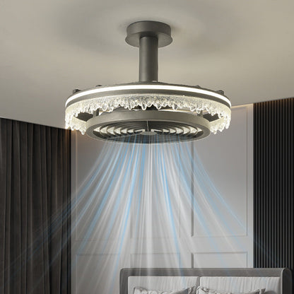 Contemporary Nordic Dome Round Iron Acrylic Ice Texture Edge LED Downrods Ceiling Fan Light For Living Room