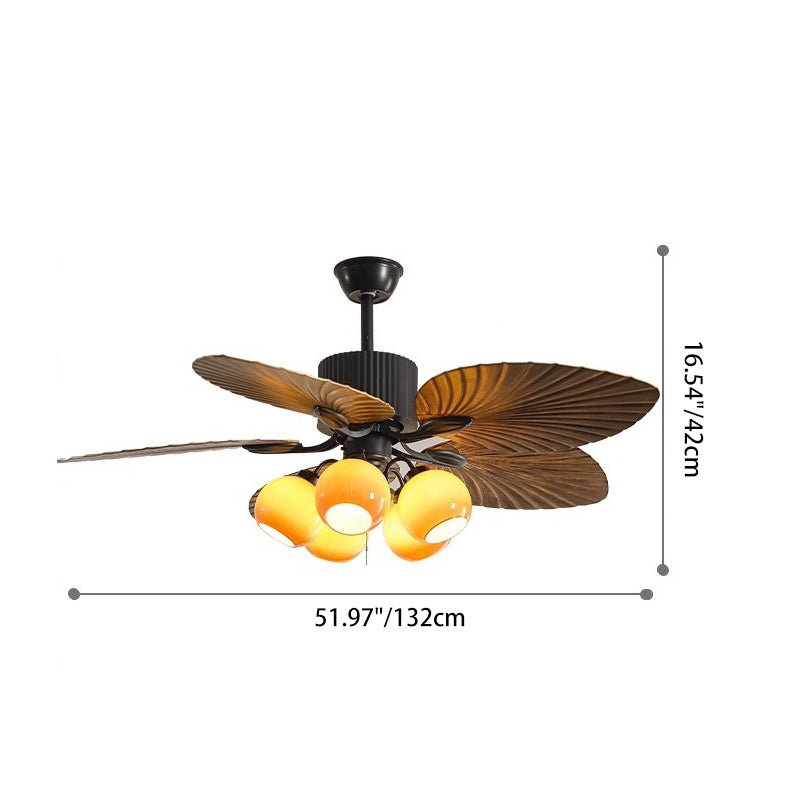 French banana-leaf ceiling fan light — iron frame with round glass shades | Casa Norex