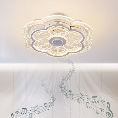 Contemporary Nordic Bluetooth Speaker Copper ABS Acrylic Round Flower Shape LED Semi-Flush Mount Ceiling Fan Light For Bedroom