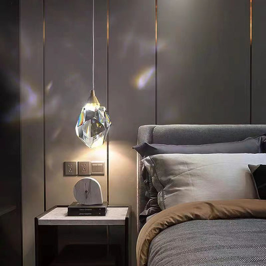 Crystal cube pendant light in bedroom setting — nightstand accent | Casa Norex