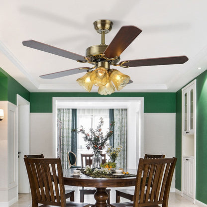Traditional Retro Iron Wood Fan Flower Glass Shade 4-Light Ceiling Fan Light For Living Room