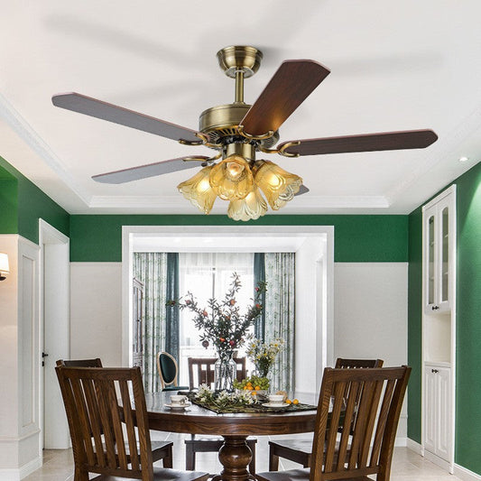 Traditional Retro Iron Wood Fan Flower Glass Shade 4-Light Ceiling Fan Light For Living Room