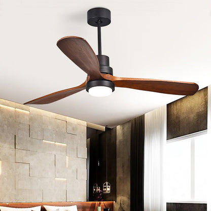 Contemporary Retro Round Glass Shade Solid Wood Fan Blade LED Downrod Ceiling Fan Light For Bedroom