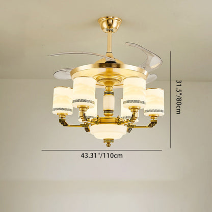 Traditional Chinese Jade Decor Glass Cylinder Shade Zinc Alloy 6-Light Downrod Ceiling Fan Light For Living Room