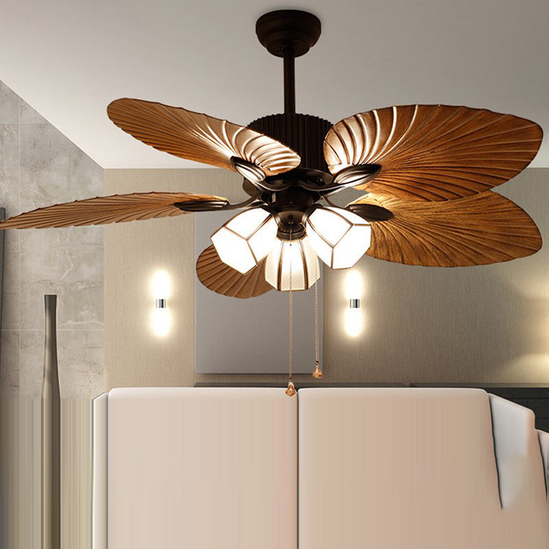 Retro hexagonal glass ceiling fan light — brass-trimmed shades with leaf-textured blades | Casa Norex