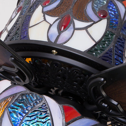 Traditional Tiffany Stained Glass Dome Shade Wood Fan Hardware 5-Light Downrods Ceiling Fan Light For Living Room