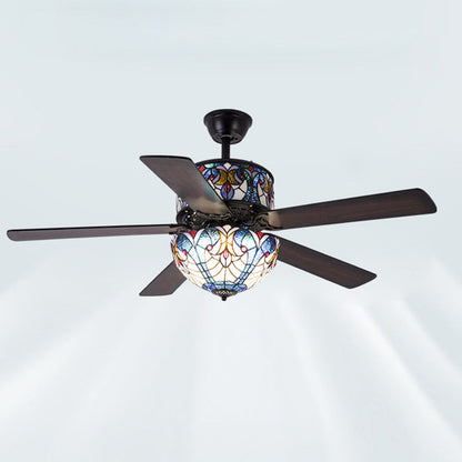 Traditional Tiffany Stained Glass Dome Shade Wood Fan Hardware 5-Light Downrods Ceiling Fan Light For Living Room