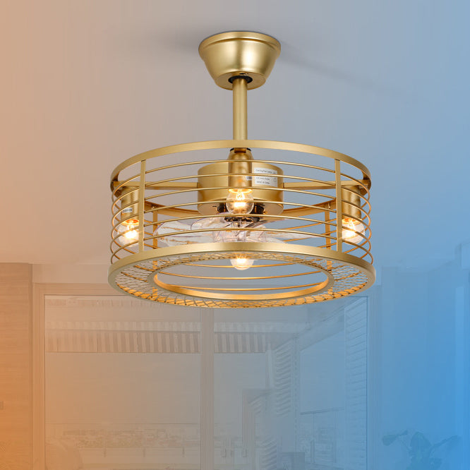 Traditional Farmhouse Iron Cylinder Frame ABS Fans 4-Light Downrods Ceiling Fan Light For Bedroom