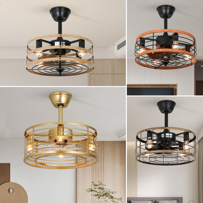 Traditional Farmhouse Iron Cylinder Frame ABS Fans 4-Light Downrods Ceiling Fan Light For Bedroom