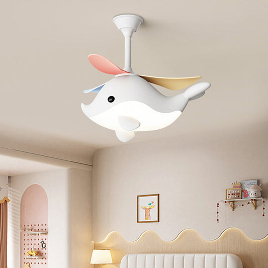 Contemporary Scandinavian Cartoon Whale Plane Iron Acrylic Shade ABS Fan LED Downrods Ceiling Fan Light For Bedroom